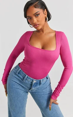 Shape Hot Pink Rib Long Sleeve Square Neck Bodysuit