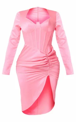 Shape Hot Pink Satin Corset Detail Long Sleeve Ruched Midi Dress
