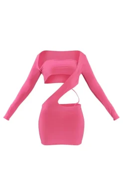 Shape Hot Pink Slinky Cut Out Long Sleeve Bodycon Dress