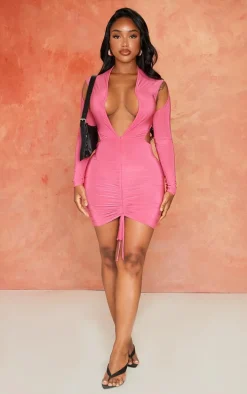Shape Hot Pink Slinky Long Sleeve Plunge Ruched Bodycon Dress