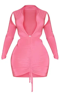 Shape Hot Pink Slinky Long Sleeve Plunge Ruched Bodycon Dress