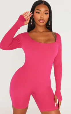 Shape Hot Pink Snatched Ribbed Long Sleeve Unitard