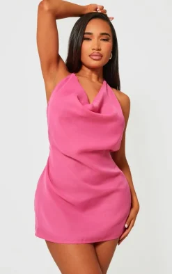 Shape Hot Pink Woven Cowl Neck Lace Back Mini Dress