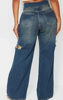 Shape Indigo Blue Wash Denim Foldover Waist Ripped Wide Leg Jeans