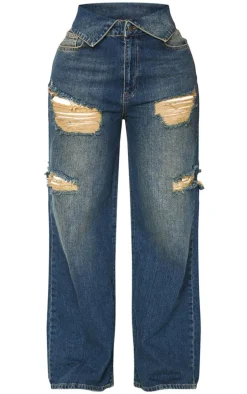 Shape Indigo Blue Wash Denim Foldover Waist Ripped Wide Leg Jeans