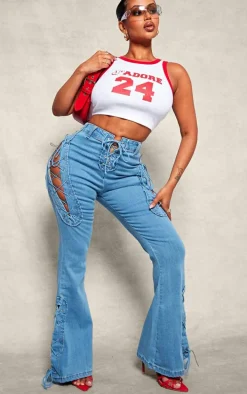 Shape Indigo Blue Wash Stretch Denim Lace Up Flare Jeans