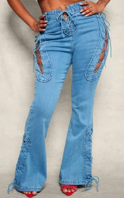 Shape Indigo Blue Wash Stretch Denim Lace Up Flare Jeans