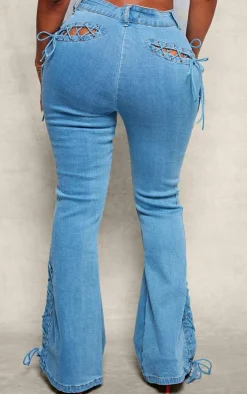 Shape Indigo Blue Wash Stretch Denim Lace Up Flare Jeans