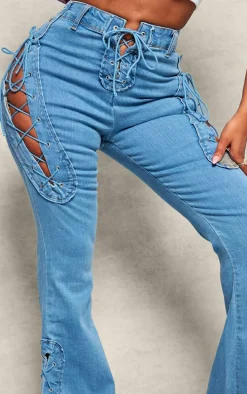 Shape Indigo Blue Wash Stretch Denim Lace Up Flare Jeans