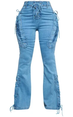 Shape Indigo Blue Wash Stretch Denim Lace Up Flare Jeans