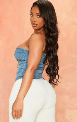 Shape Indigo Vintage Wash Stretch Denim Stud Detail Bandeau Corset