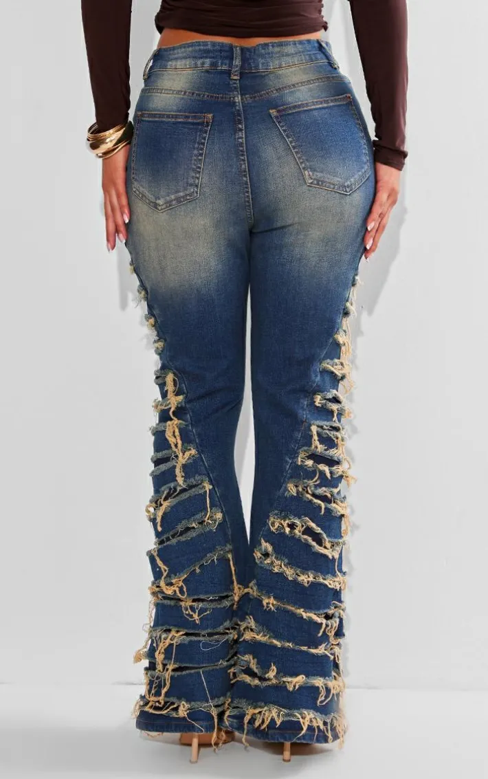 Shape Indigo Vintage Wash Denim Extreme Ripped Flare Jeans