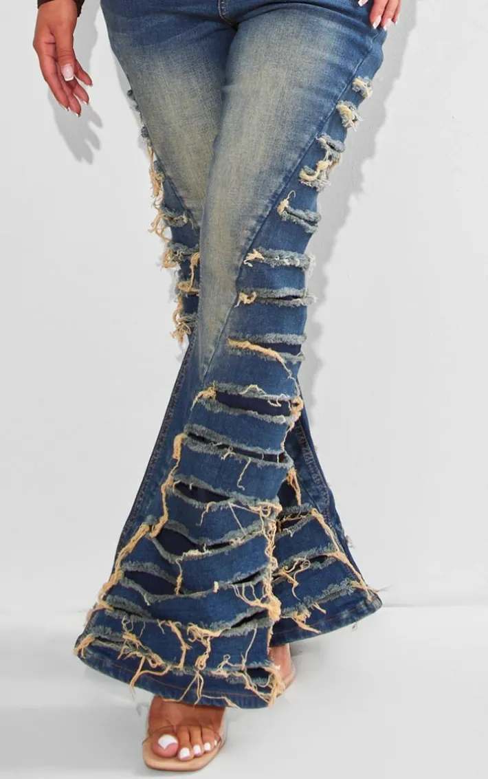 Shape Indigo Vintage Wash Denim Extreme Ripped Flare Jeans