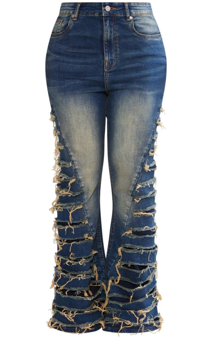 Shape Indigo Vintage Wash Denim Extreme Ripped Flare Jeans