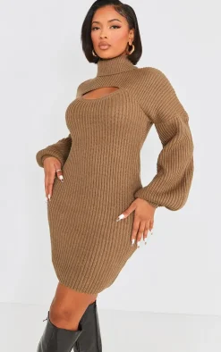 Shape Khaki 2 In 1 High Neck Balloon Sleeve Bodycon Sweater Dress