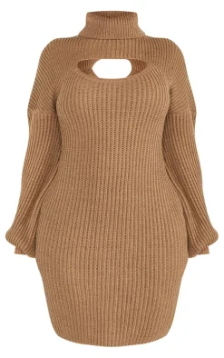 Shape Khaki 2 In 1 High Neck Balloon Sleeve Bodycon Sweater Dress