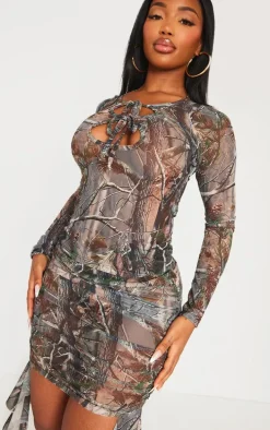 Shape Khaki Abstract Camo Printed Cut Out Long Sleeve Top