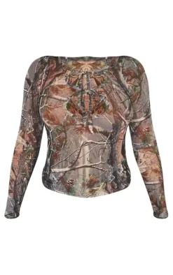Shape Khaki Abstract Camo Printed Cut Out Long Sleeve Top