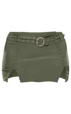 Shape Khaki Belted Utility Split Front Mini Skirt