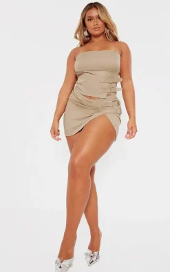 Shape Khaki Buckle Detail Woven Mini Skirt