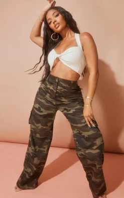 Shape Khaki Camo Print Pocket Detail Wide Leg Cargo Pants