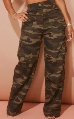 Shape Khaki Camo Print Pocket Detail Wide Leg Cargo Pants