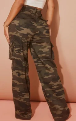 Shape Khaki Camo Print Pocket Detail Wide Leg Cargo Pants