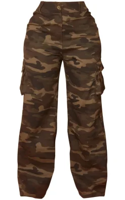 Shape Khaki Camo Print Pocket Detail Wide Leg Cargo Pants