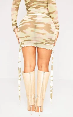 Shape Khaki Camo Printed Mesh Ruched Side Mini Skirt