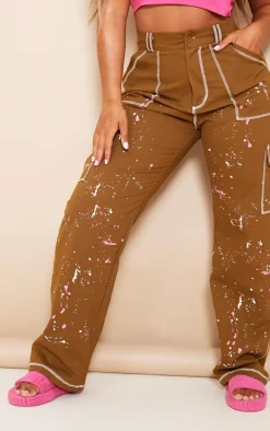 Shape Khaki Contrast Stitch Paint Splatter Cargo Pants