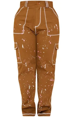 Shape Khaki Contrast Stitch Paint Splatter Cargo Pants