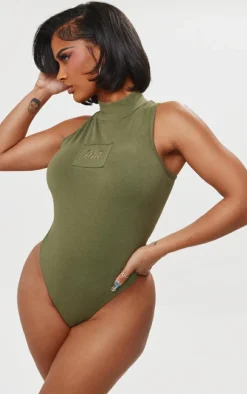 Shape Khaki Cotton High Neck Sleeveless Bodysuit