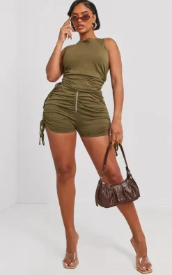 Shape Khaki Cotton Ruched Hot Pants