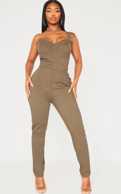 Shape Khaki Cup Detail Tie Back Denim Jumpsuit