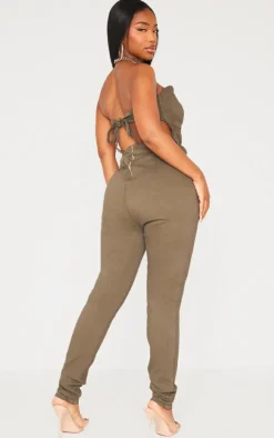Shape Khaki Cup Detail Tie Back Denim Jumpsuit