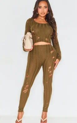 Shape Khaki Distress Ribbed Knitted Pants