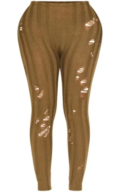 Shape Khaki Distress Ribbed Knitted Pants
