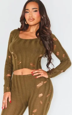 Shape Khaki Distress Ribbed Knitted Long Sleeve Top
