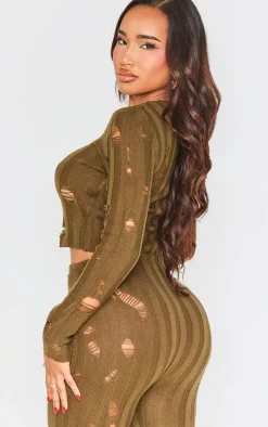 Shape Khaki Distress Ribbed Knitted Long Sleeve Top