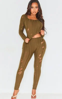 Shape Khaki Distress Ribbed Knitted Long Sleeve Top