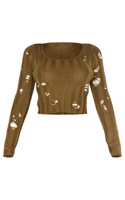 Shape Khaki Distress Ribbed Knitted Long Sleeve Top