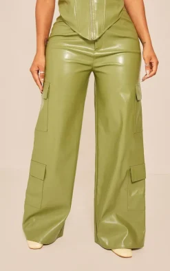 Shape Khaki Faux Leather Straight Leg Cargo Pants