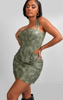 Shape Khaki Faux Leather Button Side Mini Skirt