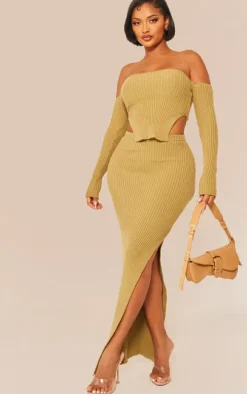 Shape Khaki Knit Bardot Split Side Detail Top