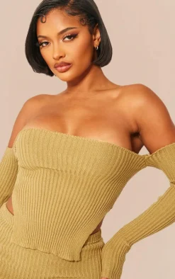Shape Khaki Knit Bardot Split Side Detail Top