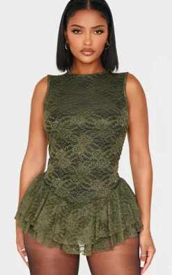 Shape Khaki Lace Dropped Hem Multi Frill Romper