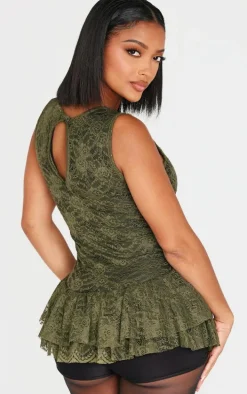 Shape Khaki Lace Dropped Hem Multi Frill Romper
