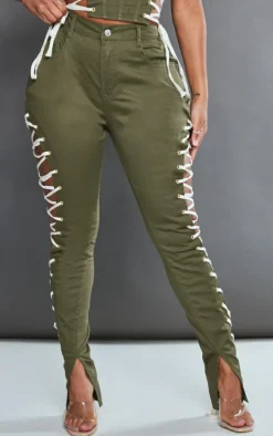 Shape Khaki Lace Up Side Skinny Jeans