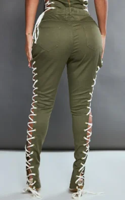 Shape Khaki Lace Up Side Skinny Jeans