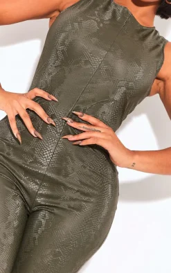 Shape Khaki Matte Faux Leather Snake Print Racer Jumpsuit